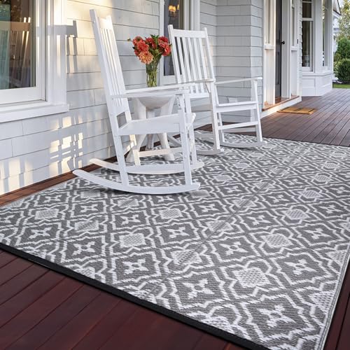 Alfolo Outdoor Rug for Patios Clearance 4X6 Waterproof Reversible Plastic Straw Rug RV Camping Mat Outside Area Rug Carpet for Camping RV,Porch,Deck,Balcony,Camper,Backyard - color: Grey&white, size: 4' x 6' (Rectangular)