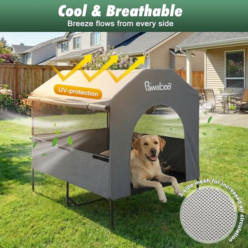 Pawaboo 47'' XL Dog House Outdoor for Medium Large Breeds, Weatherproof Large Dog Shelter, Elevated Dogs Bed & Breathable Mesh Windows, Larges Dogs Houses Outdoor/Indoor for All Seasons, Grey