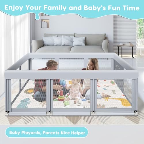 Fshibila 74" ×50" Large Baby Playpen, Baby Playard for Babies and Toddlers, Play Pens for Indoor & Outdoor, Sturdy Safety Play Yard with Soft Breathable Mesh, Anti-Fall, Grey (with MAT) - color: Grey, size: 74 x 50 IN+MAT