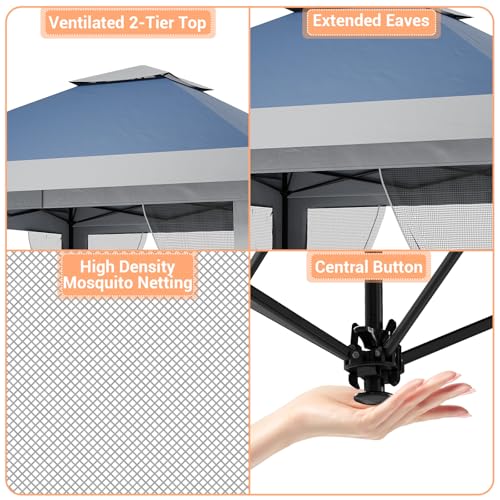 13X13 Pop Up Gazebo,Outdoor Canopy Tent with Mosquito Netting, Double Vented Roof Sun Shelter with Adjustable Heights,Outdoor Gazebo for Backyard & Patio Furniture.（Navy Blue-Four Sides gazebos） - color: Navy blue + heather gray