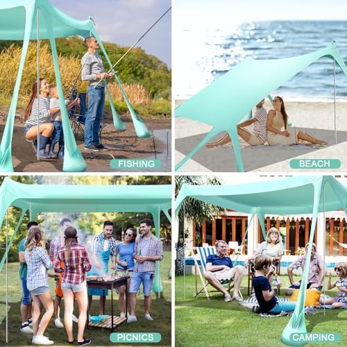 Beach Tent Sun Shelter Beach Canopy Tent Sun Shade Pop Up 10x10 UPF50+ with 8 Sandbags-2 Sand Shovel-Portable 4 Aluminum Poles-Ground Pegs-Easy Setup for Outdoor Family Camping Fishing Picnic - color: Turquoise