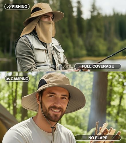 GearTOP Wide Brim Sun Hat for Men & Women, UPF 50+ Fishing Hat with Detachable Neck Flap & Face Cover Gardening Boonie Sunhat - color: Khaki With Flaps