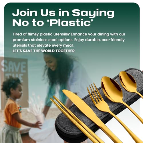 Taplord Portable Travel Silverware Set With Case, Includes 5 Pcs of Travel Utensils With Case, Stainless Steel Flatware Set For Camping, Easy to Travel, Lightweight (Gold) - color: Gold, size: 5 Pieces