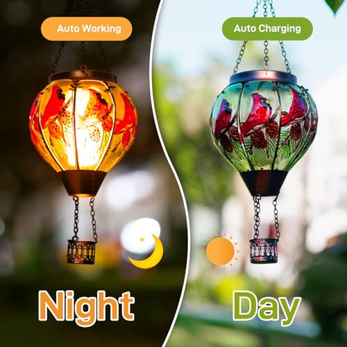 Cardinal Solar Hot Air Balloon Lantern with Flame, Glass Balloon Solar Lantern Outdoor Waterproof, Hanging Hot Air Balloon Solar Light, Cardinal Gifts for Mom Woman Christmas - color: Red