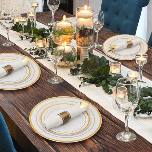 Goodluck 175 Piece Gold Plastic Dinnerware Set for 25 Guests, Fancy Disposable Plates for Party, Include: 25 Dinner Plates, 25 Dessert Plates, 25 Pre Rolled Napkins with Gold Silverware, 25 Cups - color: Gold, style: 175 Piece (25 guests)