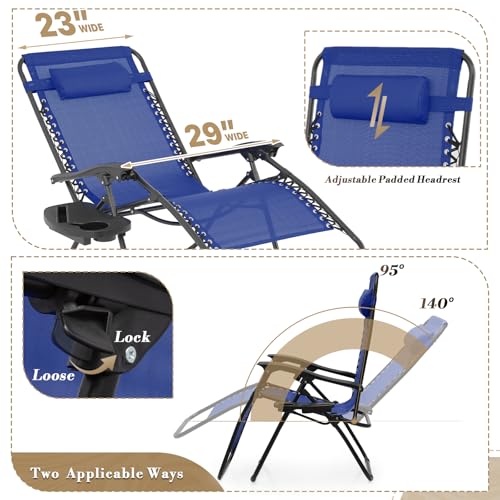 Athena Collection Zero Gravity Outdoor Lounge Chair Set of 2 with Side Table, 29" Width Pool Lounge Lawn Chairs Reclining with Cup Holder, Outdoor Chaise for Beach Patio Backyard Outside, Blue - color: Blue, style: 29" Width