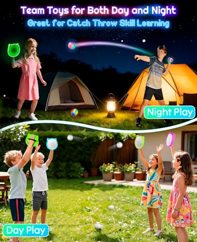 3D LED Light Up Toss Catch Ball Game Set Toys for Back Yard Outdoor Party Favors Glow in Dark Sticky Paddle Baseball Gift Age 3 4 5 6 7 8 9 10 11 12 Years Old Girls Boy Kid Family Adult - color: Blue 2 Paddle 2 Balls