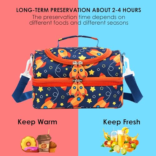 Insulated Kids Dual Compartment Lunch Bags Tote for Girls Boys Toddler Lunch Boxes Pre-School Toddler Kindergarten Picnic Camp Food Cooler Thermal with Strap (Star Rocket) - color: Star Rocket