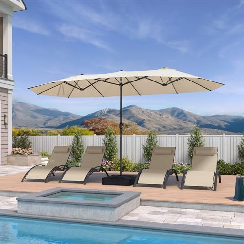 PURPLE LEAF 14ft Patio Market Umbrella with Base Double-Sided Rectangle Outdoor Table Sun Umbrellas with Crank 12 Heavy Duty Sturdy Ribs for Pool Beach Deck Backyard Khaki - color: Beige, size: 14' X 8'