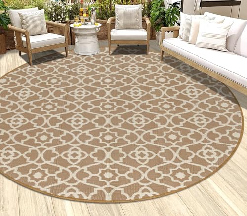 HEBE Outdoor Rug Waterproof 8ft, Plastic Straw Rug Camping Rug, Reversible Outdoor Patio Rugs RV Mat Clearance, Indoor Outside Floor Carpet for Porch,Deck,Camper,Balcony,Backyard - color: Beige, size: 8' (Round)