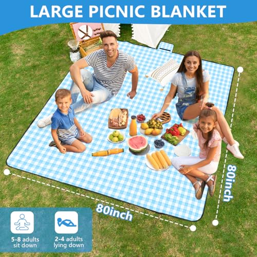 OBTANIM Extra Large Picnic Blanket 80 x 80 Inch Waterproof Foldable Beach Blankets Outdoor Picnic Mat for Camping Grass Lawn Park Music Festival Party Accessories (Blue and White) - color: Blue and White, size: 6'8" x 6'8" (Square)