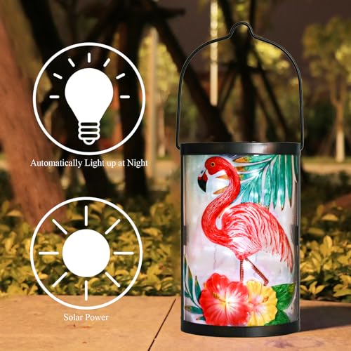 Hanging Solar Lantern Outdoor Waterproof Flamingo Solar Lights Glass Tabletop Decorative Lamp for Outdoor Patio Garden Outside Yard Decor - style: Flamingo