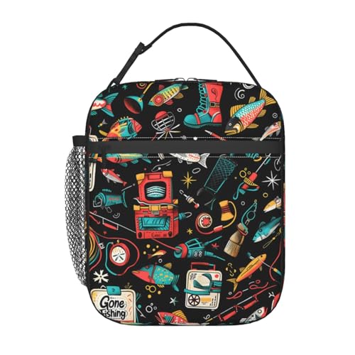Reusable Fishing Gear Pattern Lunch Box for Kids Girls Boys Women Adult, Insulated Fun Lunch Bag,Polyester Cooler Handbags Case for School Picnic Work Travel Outdoor Beach or Hiking - color: Fishing 01