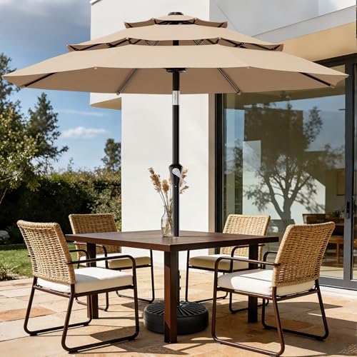 AreShark 9ft 3-Tier Patio Umbrellas, Outdoor Umbrella with 8 Sturdy Ribs UV Protection Windproof, Market Table Umbrella w/Push Button Tilt & Crank for Pool, Porch, Deck, Garden(Beige) - color: Beige