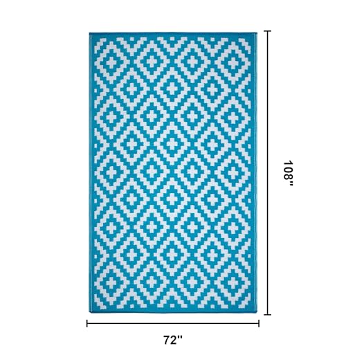 FH Home Outdoor Rug - Waterproof, Fade Resistant, Reversible - Premium Recycled Plastic - Geometric - Large Patio, Deck, Sunroom, Camping, RV - Aztec - Teal & White Crease Free - 6 x 9 ft - color: Aztec - Teal & White, size: 6' x 9' (Rectangular)