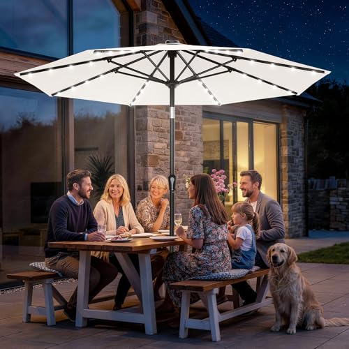 AreShark 9FT Patio Umbrella with Solar Lights, 32 Lighted Pool Umbrella w/Tilt and Crank, Outdoor Market Solar Umbrellas for Garden, Deck, Backyard, Pool and Beach, Cream-White - color: Cream-White, size: 9 Ft