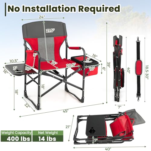 KOTEK Camping Directors Chair, Outdoor Folding Chair with Side Table, Cooler Bag & Storage Pocket, Supports 400 LBS, Portable Camp Chairs for Fishing, Picnic, Concert, Beach, Lawn, Patio (1, Red) - color: Red