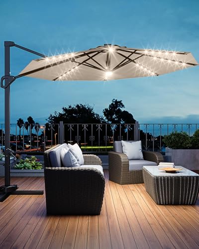 9ft Outdoor Patio Umbrella Heavy Duty 8 Ribs, Waterproof UV Protection Sun Shade with Crank Lift & Push Button Tilt, Outdoor Umbrella for Deck, Pool, Garden, Backyard, Lawn - color: Brown&Round-Lights, size: 10FT Roman