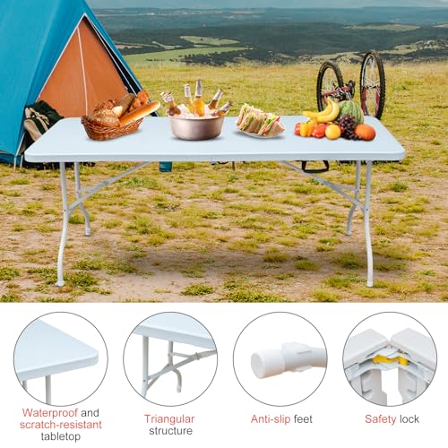 Portable 6Ft Folding Table, Heavy Duty Fold-in-Half Utility Foldable Dining Table, Multi-Purpose Plastic Folding Table with Carrying Handle for Camping and Party Indoor/Outdoor (White) - color: White, size: 6Ft
