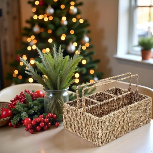 PEMAR Large L-Sized Hand Woven Utensil Caddy Carrier, Natural Jute Wicker Condiment Holder for Table, Kitchen Set Counter Top Silverware Organizer, Rustic Storage for Forks, Spoons, Seagrass