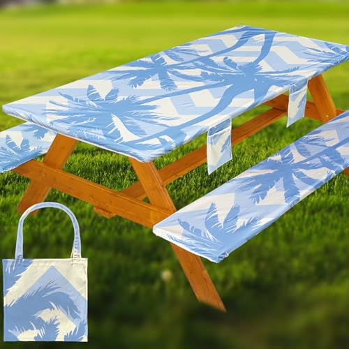 Fitted Picnic Table Cover with Bench Covers, Windproof Vinyl Table Cloths Outside Camping Cooking Backyard Furniture Seat Cushion Tablecloth Activities Party Decor Decorations Para Acampar Equipment - color: Blue Coconut Tree, size: 72in