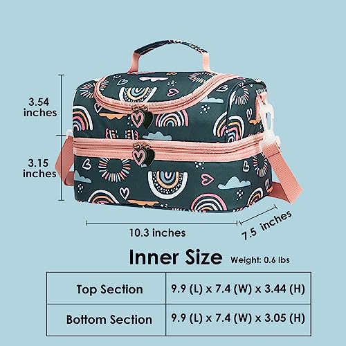 Insulated Kids Dual Compartment Lunch Bags Tote Pack for Girls Boys Toddler Kindergarten School Picnic Cooler Thermal Lunch Boxes with Strap (Green Rainbow) - color: Green Rainbow