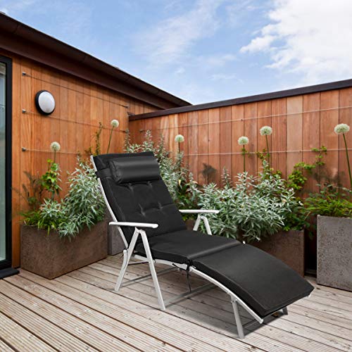 Tangkula Outdoor Folding Chaise Lounge Chair, Lightweight Recliner Chair w/ 7 Adjustable Backrest Positions, Patio Reclining Beach w/Removable Cushion & Pillow for Patio Poolside No Assembly Required - color: Balck
