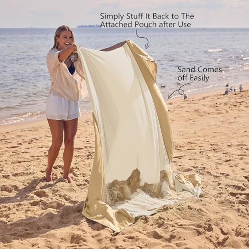 WEKAPO Beach Blanket Sandproof Waterproof, Extra Large Beach Mat, Oversized & Compact Sand Free, Quick Drying Beach Essentials for Vacation, Cruise, Picnic & Camping with Stakes - color: Beige, size: 9x7 FT (1～5 person)