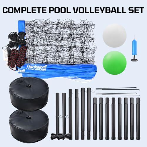 Haokelball LED Pool Volleyball Net Set, 15-32ft Adjustable Volleyball Net for Pool with Heavy Duty Base, Pool Volleyball Set for Inground Pools, Pool Toys & Pool Games for Kids & Adults, 2 Balls