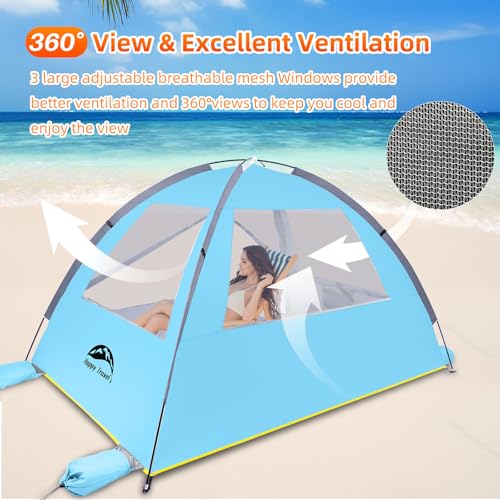 Happy Travel Beach Tent, UPF 50+ UV Protection Sun Shade Shelter for 3/4/5/6/7/8 Person, Portable Beach Canopy for Family & Baby, Lightweight & Easy Setup Beach Cabana with 3 Ventilation Mesh Windows - color: Light Blue, size: 3 Person