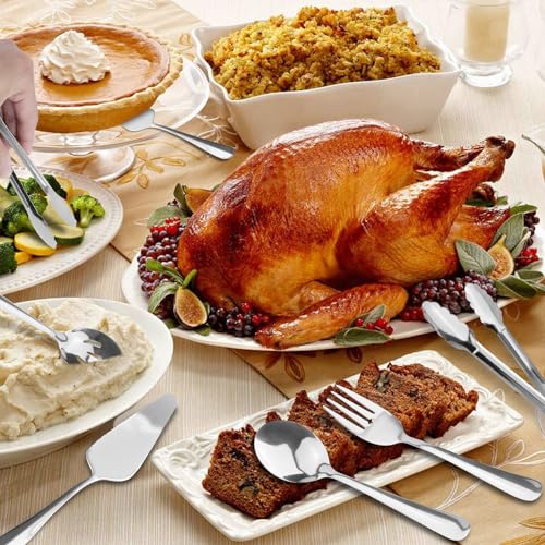 Serving Utensils, XEVOM 6-Piece Stainless Steel Serving Utensil Set Include Serving Spoon, Slotted Serving Spoon, Serving Fork,Serving Tong, Appetizers Tong,Pie Server (Silver), Regular - color: Silver
