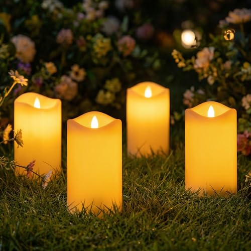 Livinlarge 4 Pack Outdoor Solar Powered Candles, 3"x6" Rechargeable Dusk to Dawn Lighting, Flameless Flickering Pillar LED Votive Candle, IP65 Waterproof for Patio Yard Deck Window Table Decor - color: D3"xH6", 4 PCS