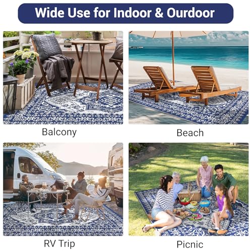 COZYLOOM Outdoor Rug Waterproof 10x14 Reversible Outdoor Plastic Straw Rugs Oriental Medallion Patio Rug Indoor Outdoor Carpet RV Mat for Deck Backyard Patio RV Camping Beach, Dark Blue and White - color: Vintage Navy/White, size: 10' x 14' (Rectangular)