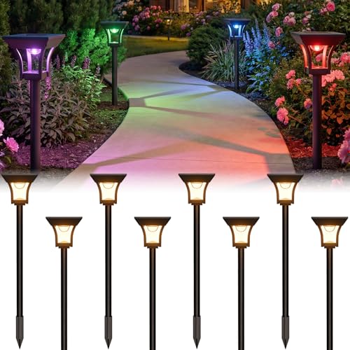 CINOTON 8 Pack RGBCW Solar Pathway Outdoor Lights, 3 Lighting Modes Solar LED Garden Lights, IP65 Waterproof Outside Solar Powered Landscape Lighting for Sidewalk Driveway Backyard RGB/Warm/Cold White - color: Multicolor, size: 8 Pack