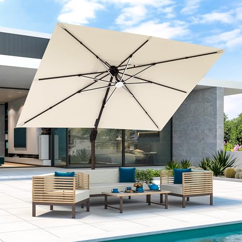 JZAC & QZYD 9x12 FT Outdoor Cantilever Patio Umbrella with Base Included and LED Lights, Large Heavy Duty 2-Tier Aluminum Offset Umbrellas with 360-Degree Rotation for Pool Deck, Beige - color: Beige, size: 9'×12' - Weighted Base Included