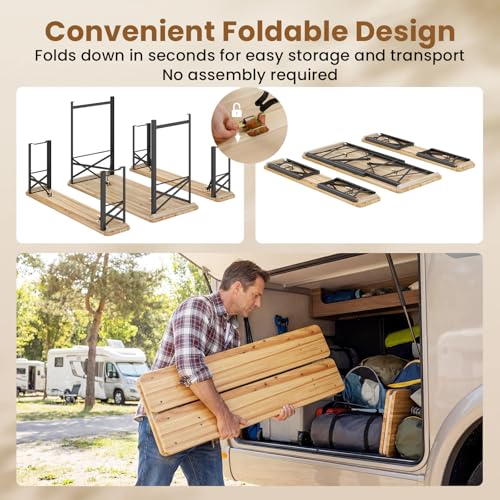 Giantex 3-Piece Folding Picnic Table with Benches Set, Solid Wood Camping Beer Table Bench Set with Metal Frame, Portable Patio Dining Furniture, Indoor & Outdoor Folding Table and Chairs for 4 (47'') - size: 47''