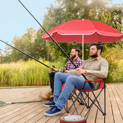 Outvita Folding Double Camping Chair w/Umbrella Beverage Holder Carrying Bag Cooler Fold Up Table, Large Bearing Capacity for Beach Patio Pool Park Outdoor Red - color: Red