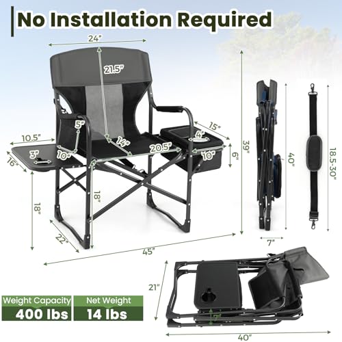 KOTEK Camping Directors Chair, Outdoor Folding Chair with Side Table, Cooler Bag & Storage Pocket, Supports 400 LBS, Portable Camp Chairs for Fishing, Picnic, Concert, Beach, Lawn, Patio (1, Black) - color: Black