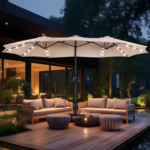 MFSTUDIO 15ft Double Sided Patio Umbrella with Solar Lights, Outdoor Large Umbrellas with Crank Handle and 36 LED Lights, Rectangular Market Umbrella with Base Included for Deck Pool Shade, Beige - color: Beige