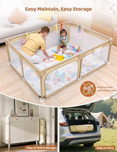 Dripex Baby Playpen with Mat, 71"x47" Play Pen for Toddlers 1-3 Years, Soft Breathable Visible Mesh, Indoor/Outdoor Portable Play Yard with Mat, Safe Baby Fence Play Area, Beige - color: Beige, size: 71"×47" with Mat