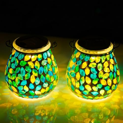 Starsoul 2 Pack Solar Lanterns Outdoor Waterproof, Unique Green Mosaic Glass Solar Garden Lights, Decorative Outdoor Lantern for Outside Patio Pathway Porch Yard Table - color: Green-2PC