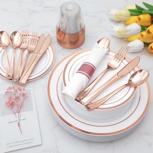 Goodluck 175 Piece Rose Gold Plastic Dinnerware Set for 25 Guests, Fancy Disposable Plates for Party, Include: 25 Dinner Plates, 25 Dessert Plates, 25 Pre Rolled Napkins with Silverware, 25 Cups - color: Rose Gold, style: 175 Piece (25 guests)