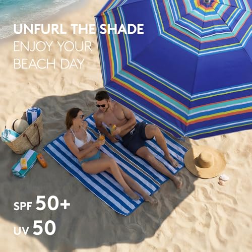 PASAMIC 7ft Beach Umbrella for Sand with Sand Anchor & Tilt, UPF 50+ Protection Beach Umbrellas for Heavy Duty Wind Portable with Carry Bag and Hook, for Patio Pool, Dark Blue Stripes（Random pattern） - color: Dark Blue Stripes, size: 7FT