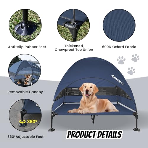 KINGROCK Elevated Dog Bed with Removable Canopy Portable Outdoor Pet Cot Waterproof 600D Oxford Fabric Anti Slip Feet for Large Dogs Camping Beach Indoor and Outdoor Use - color: Navy, size: 50"L x 32.6"W x 43"Th