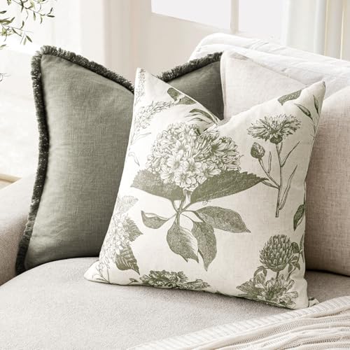 Foindtower Set of 2 Linen Floral Throw Pillow Covers Vintage Accent Print Decorative Cushion Covers Farmhouse Boho Home Decor for Sofa Chair Couch Bedroom Living Room,20×20 Inch,Sage Green - color: Cedar Green, size: 20" x 20" (Pack of 2)