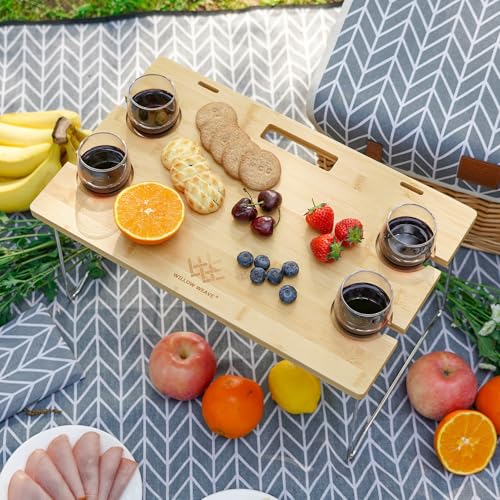 WILLOW WEAVE Luxury Picnic Basket, Wicker Picnic Basket Set for 4, Picnic Basket with Blanket & Portable Table for Camping and Outdoor Party - Gray - size: L for 4P-BlueLeaf
