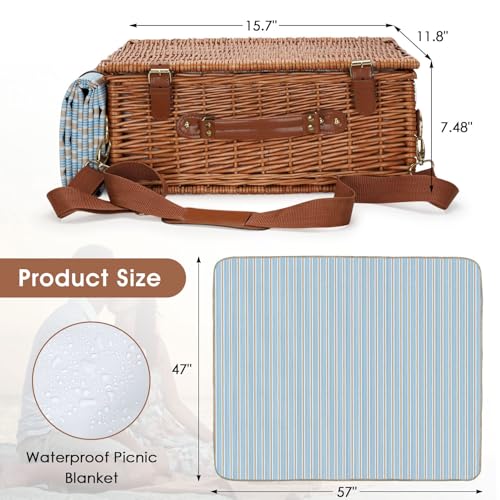 Picnic Basket Set for 4 Persons - Picnic Baskets with Large Insulated Cooler Compartment, Adjustable Shoulder Strap, Willow Hamper and Waterproof Blanket Set with Cutlery Service Kit - color: Light Tan for 4 Persons With Strap
