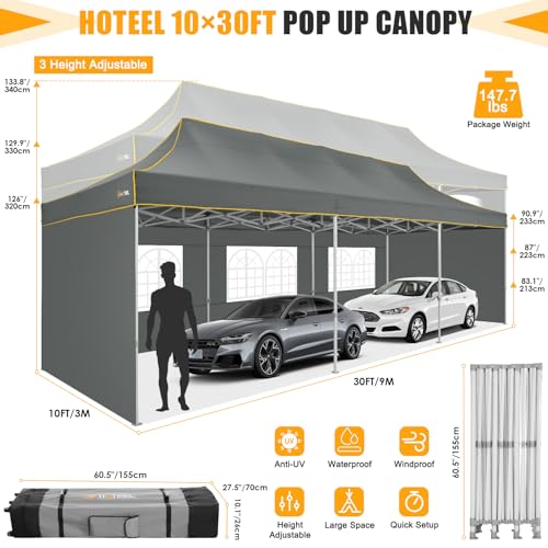 HOTEEL 10x30 Heavy Duty Pop Up Canopy Tent with 5 Sidewalls&Wheeled Bag, Commercial Event Party Tent Wedding Instant Canopy Waterproof, Upgraded Thicked Hexagonal Legs, UV 50+, Gray - color: Gray, size: 10x30FT (+5 Walls)