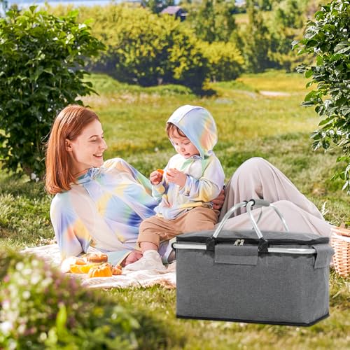 Insulated Picnic Basket, Portable Collapsible Picnic Basket, Leak-Proof Collapsible Cooler Bag with Handles and Zippered Top for Market Shopping Travel Beach - color: Gray
