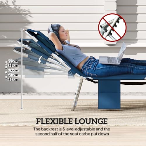 Outsunny Chaise Lounge Chair Outdoor Set of 2 with Face Arm Hole, 5-Position Reclining Face Down Tanning Chair with Carry Strap, Side Pocket, Portable Folding Bed Cot for Patio Beach Pool, Dark Blue - color: Dark Blue, size: 2 Pieces